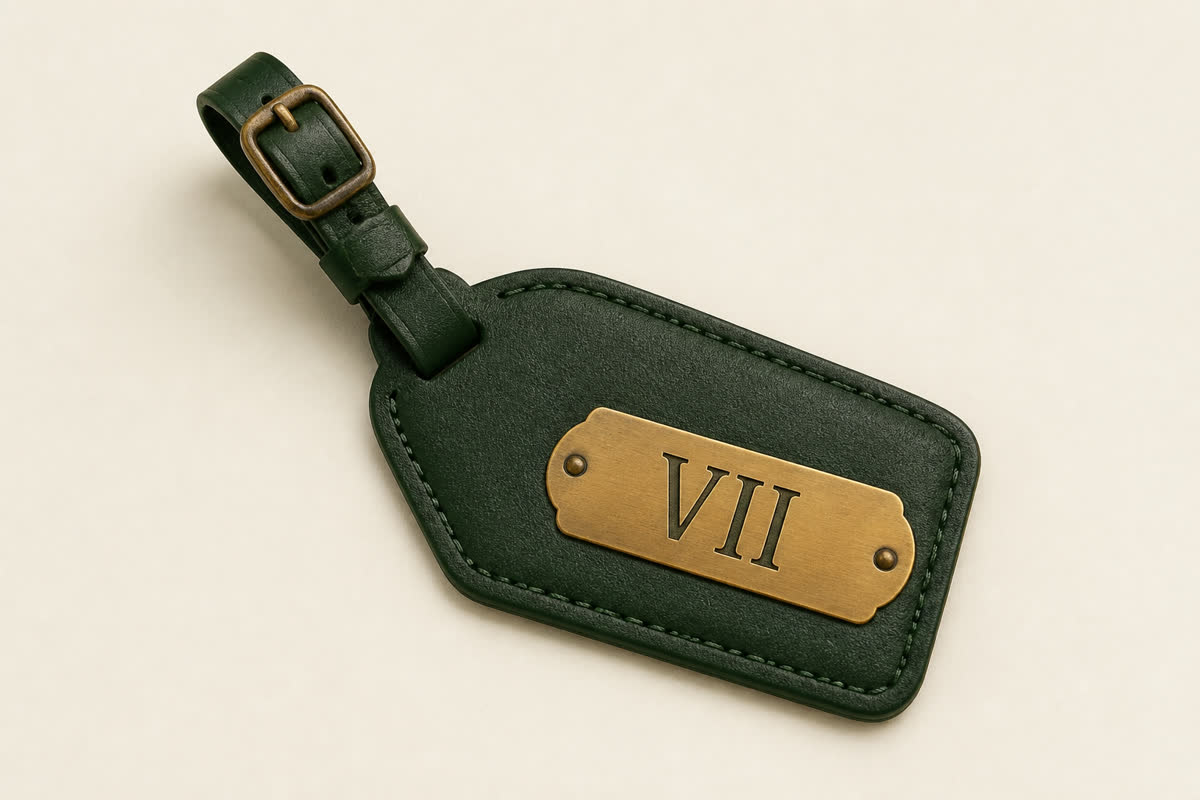 A green leather bag tag stamped VII.