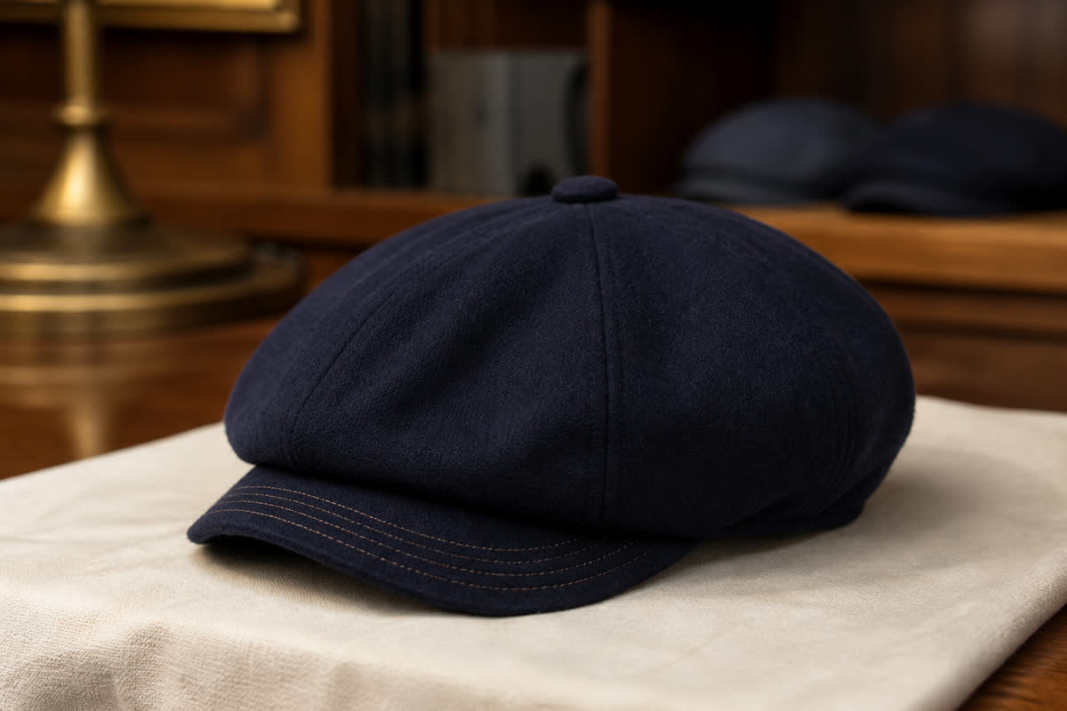 A navy caddie cap on linen.