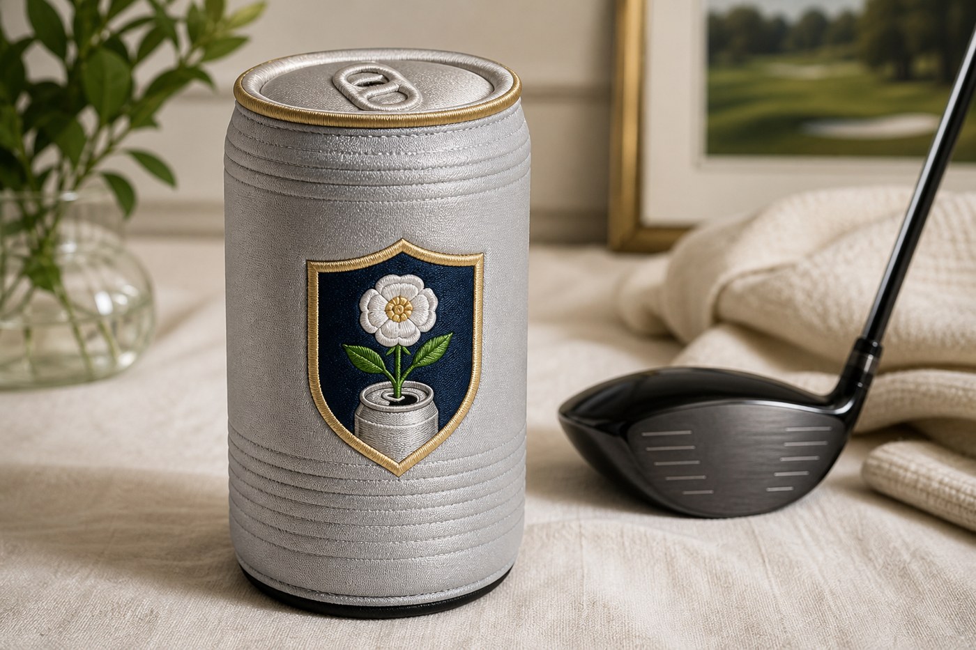 A driver headcover shaped like a silver beer can with the Rosedale seal.