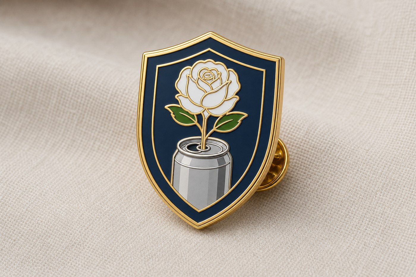 A hard enamel pin of the Rosedale Cup seal.