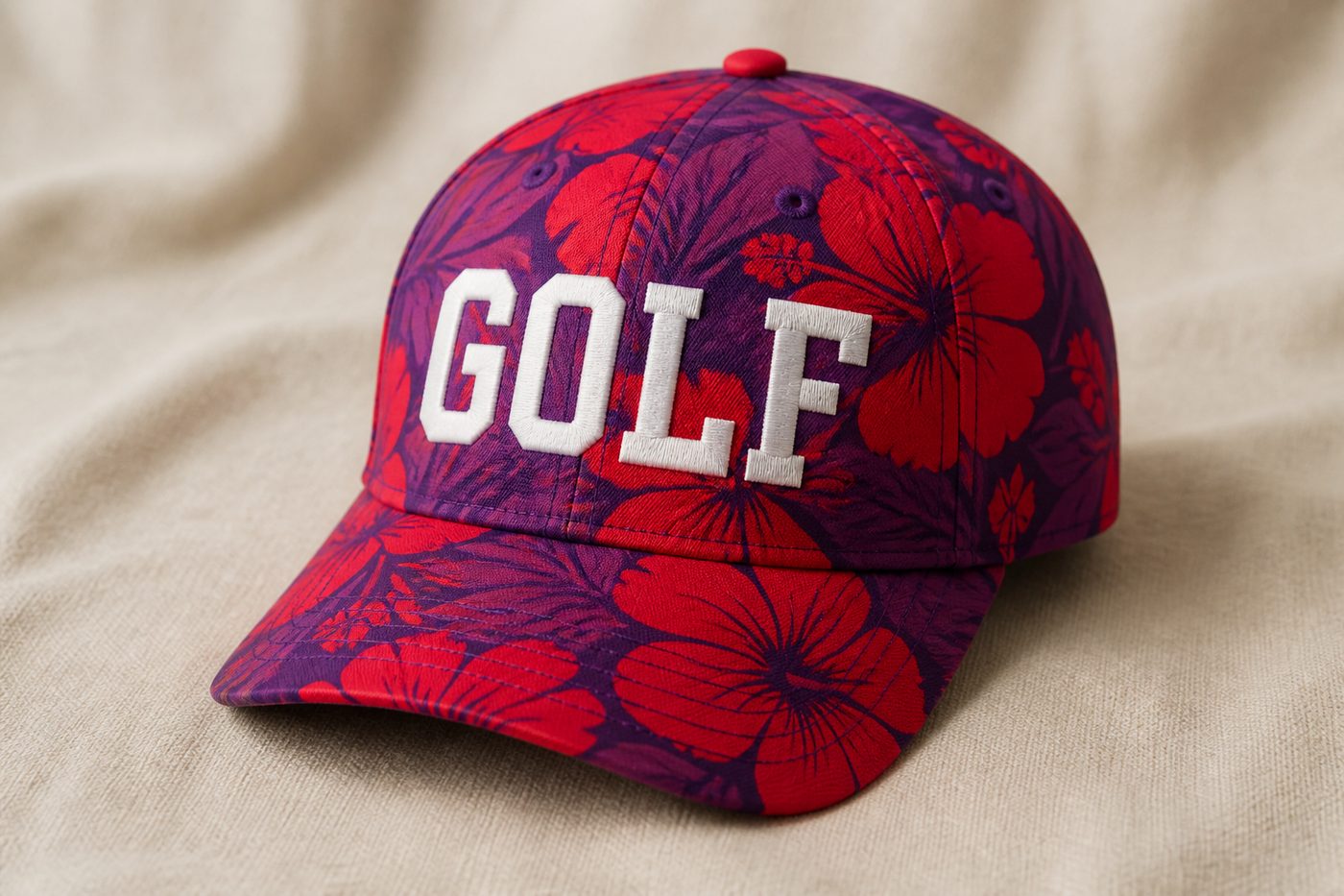 A baseball cap in Hawaiian red and purple print with the word GOLF in white block letters.