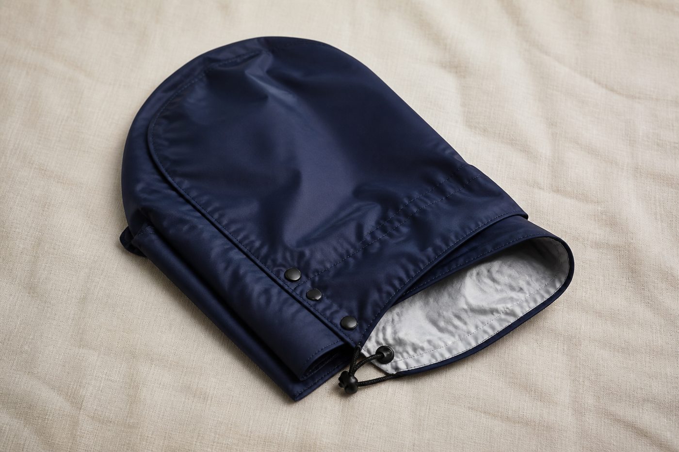 A navy rain hood for a golf bag, folded on linen, with snap buttons and a drawstring.