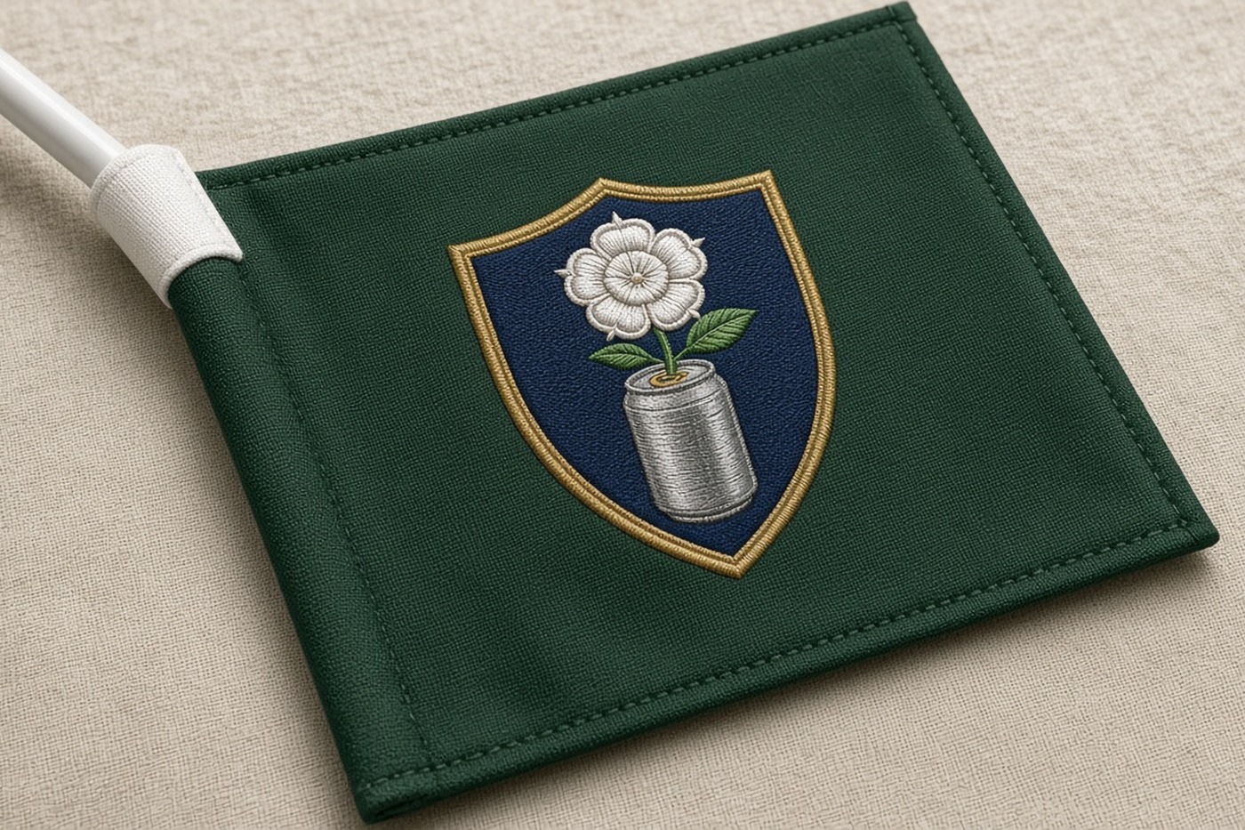 A forest green pin flag with the embroidered Rosedale Cup seal.