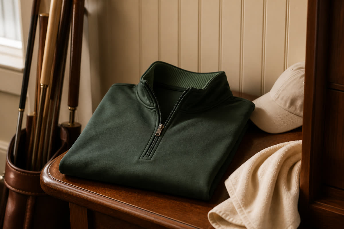 A forest-green quarter zip folded on polished wood.