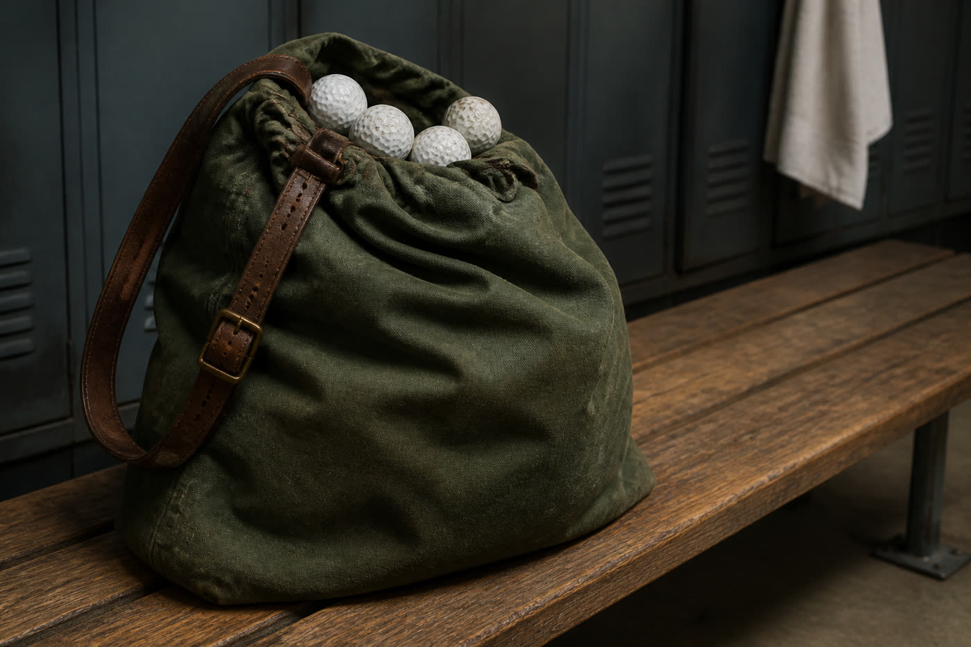 An olive canvas shag bag with a leather strap, golf balls at the mouth.