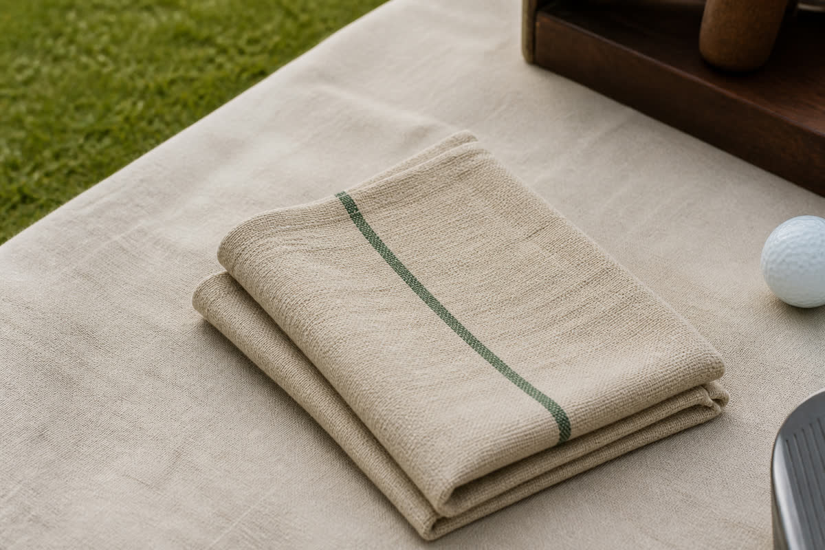 A cream linen caddie towel with a green stripe.