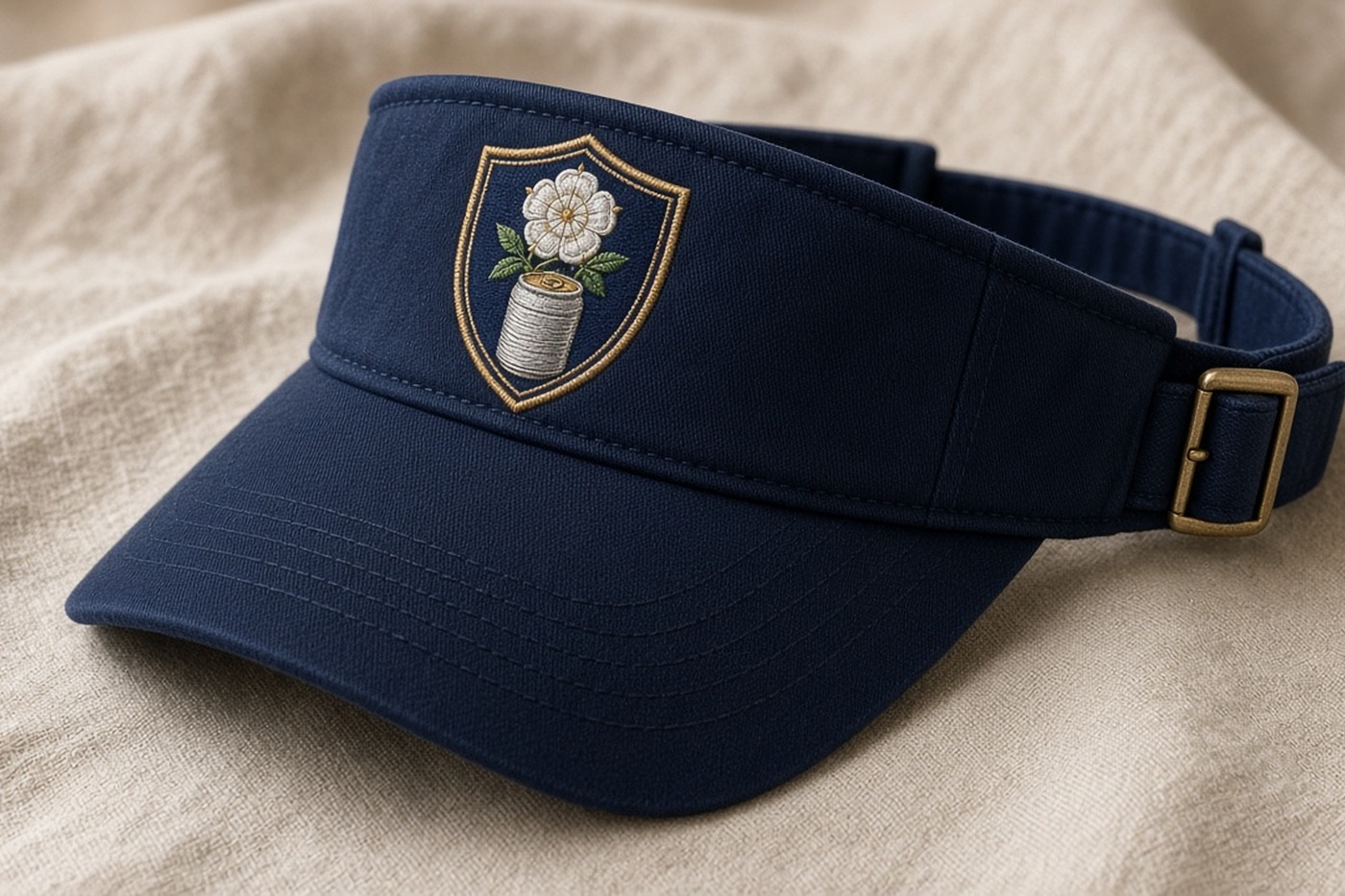 A navy tour visor with the Rosedale Cup seal embroidered small and centered.