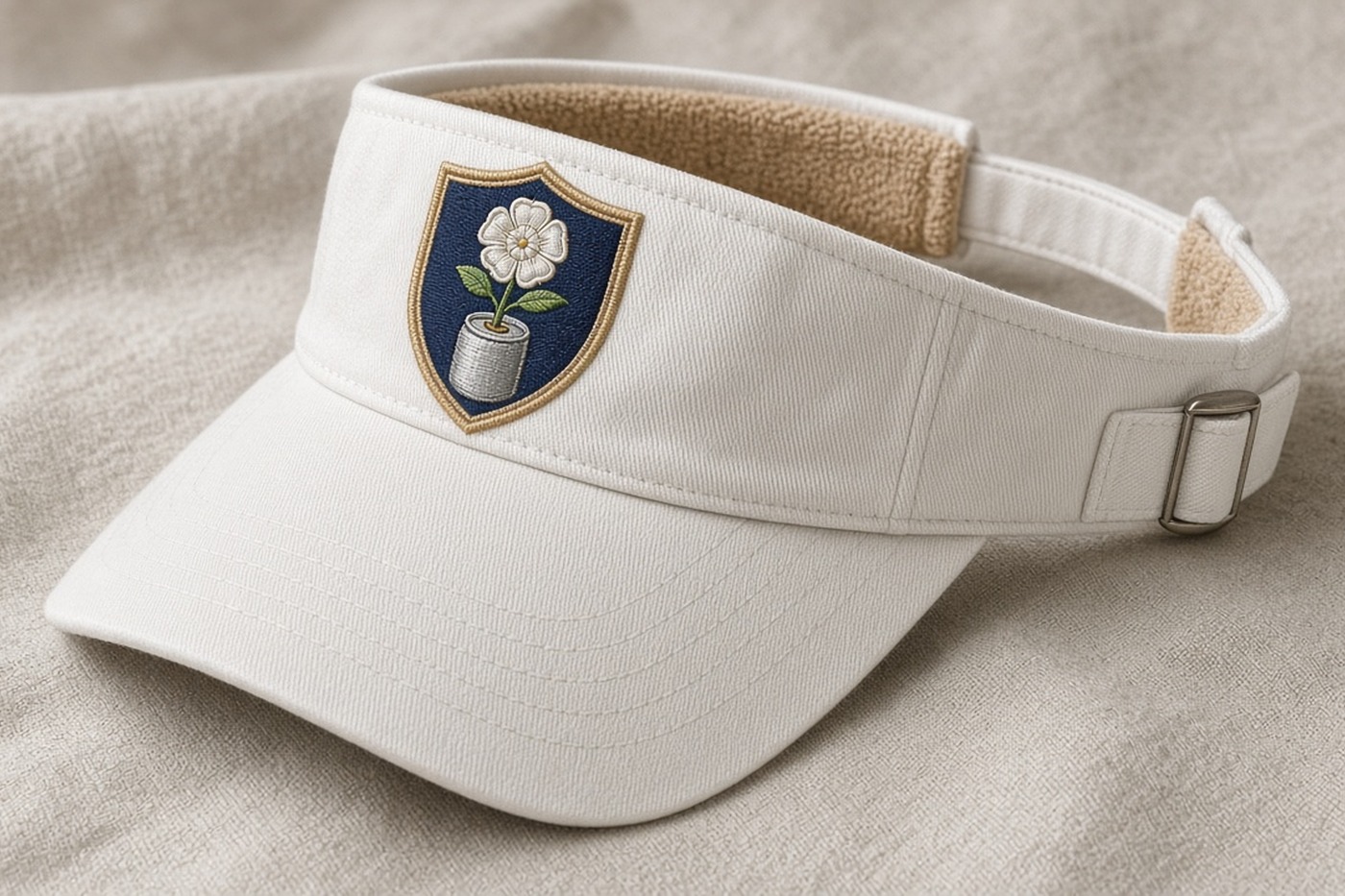 A white tour visor with the navy and gold Rosedale Cup seal.
